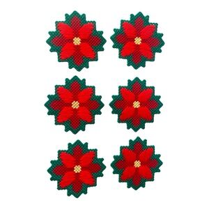 VTG Christmas Poinsettia Coasters Handmade Yarn Plastic Canvas Needlepoint 6